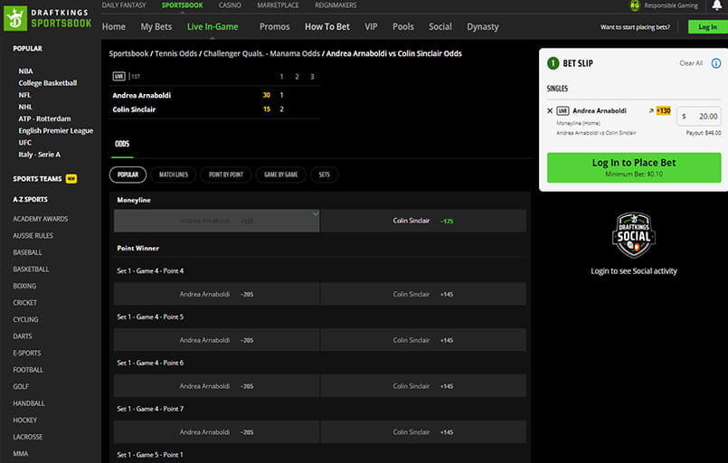 The DraftKings live interface.